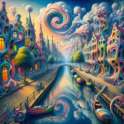 The primary subject of the image is a painting of a city with a river flowing through it. The setting is a colorful, artistic representation of a city with buildings, boats, and a bridge. The visual style is a combination of digital art and illustration, creating a vibrant and imaginative scene. The colors and mood are lively and energetic, with a focus on the city's unique and creative elements.
